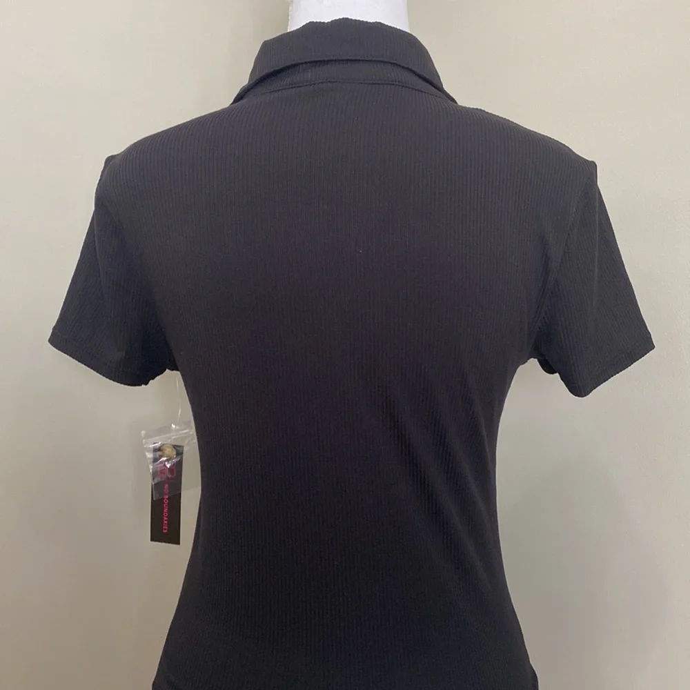 Black Light Knit Top with Button Details and Collared V-Neck​ - Picture 6 of 8